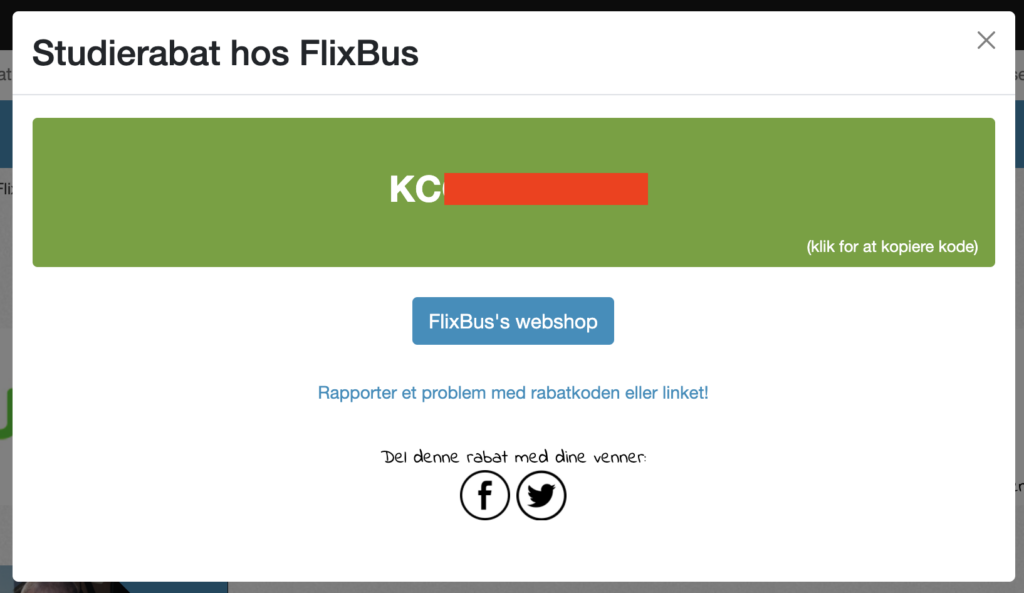 Din personlige Flixbus kode, som åbner op for dobbelt studierabat